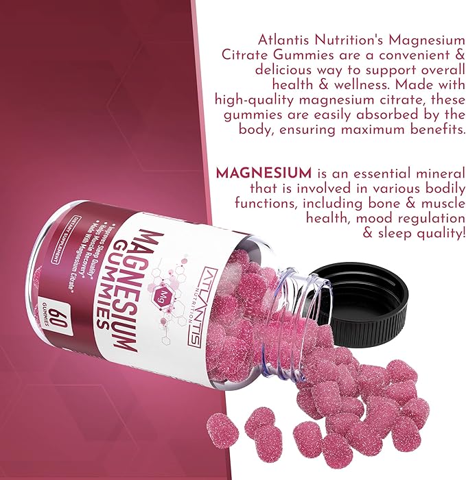 Atlantis Nutrition Magnesium Citrate Gummies – 770mg Magnesium Citrate for Kids & Adults | Supports Muscle Recovery, Eases Cramps, Promotes Calmness & Better Sleep | 60 Vegan Gummies
