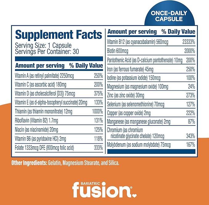 Bariatric Fusion One Per Day Bariatric Multivitamin with Iron | Easy to Swallow Capsule | Vitamin for Bariatric Surgery Patients | Gastric Bypass and Sleeve Gastrectomy | 30 Count | 1 Month Supply