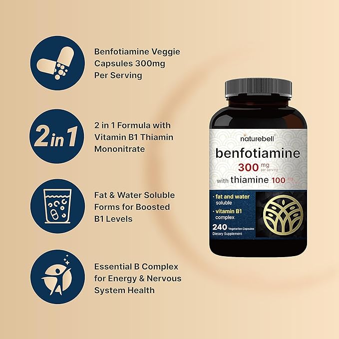 NatureBell Benfotiamine 300mg with Thiamine 100mg Per Serving | 240 Veggie Capsules – Essential Vitamin B1 Benfotiamine Supplement – Vegetarian Friendly