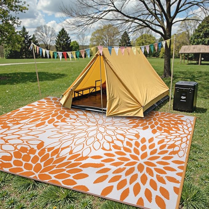 Anidaroel Outdoor Rugs 8x10ft for Patios Clearance Waterproof, Reversible Tropical Plastic Straw Camping Mat Outside Rug, Large Outdoor Area Rug for RV, Deck, Balcony, Picnic(Orange,8'x10')