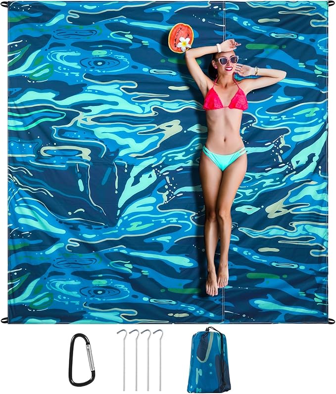 Beach Blanket Sandproof Beach Mat,82" X 82" for 1-4 Adults,Lightweight Quick Drying Picnic Mat for Travel, Camping, Hiking,Portable Beach Blanket