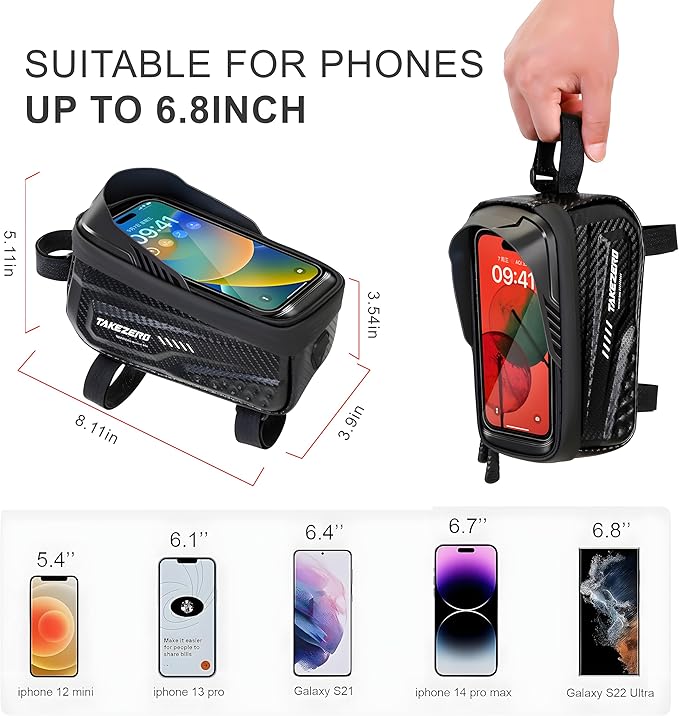 Bike Front Frame Bag,Bike Accessories, Waterproof Bike Frame Bag with TPU Touch-Screen & Rain Cover (Phones under 6.8'')"