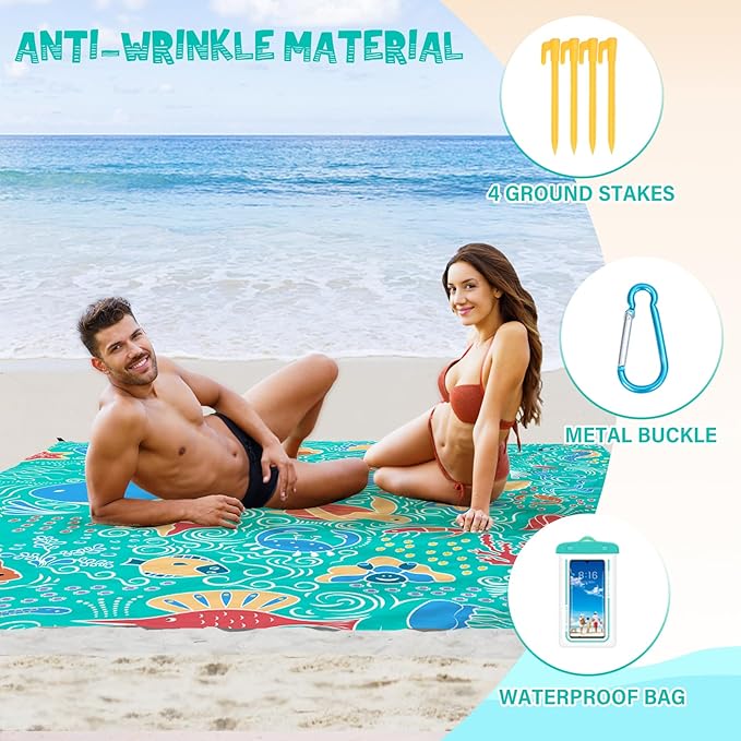 Beach Blanket Waterproof Sandproof 1-7 Adult Oversized 78 '' × 81 '' Lightweight Durable Compact Sand Free Beach Mat for Travel Camping Hiking Picnic Blanket Extra Large