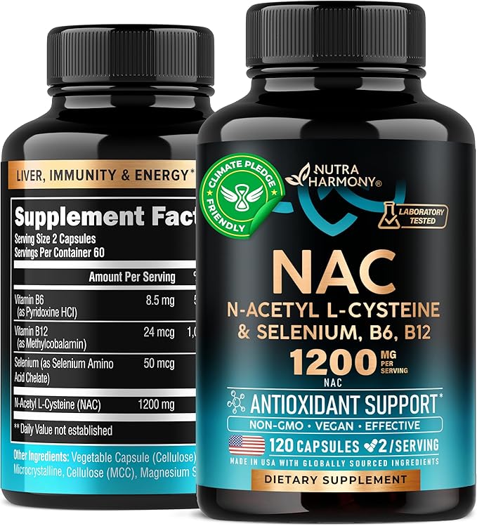 NAC Supplement | Selenium | B6 | B12 - Antioxidant, Immune Support - N Acetyl Cysteine 600 mg per Capsule, 1200 mg per Serving - Made in USA - Non-GMO, Gluten-Free, Vegan - 120 caps, 2 Month Supply