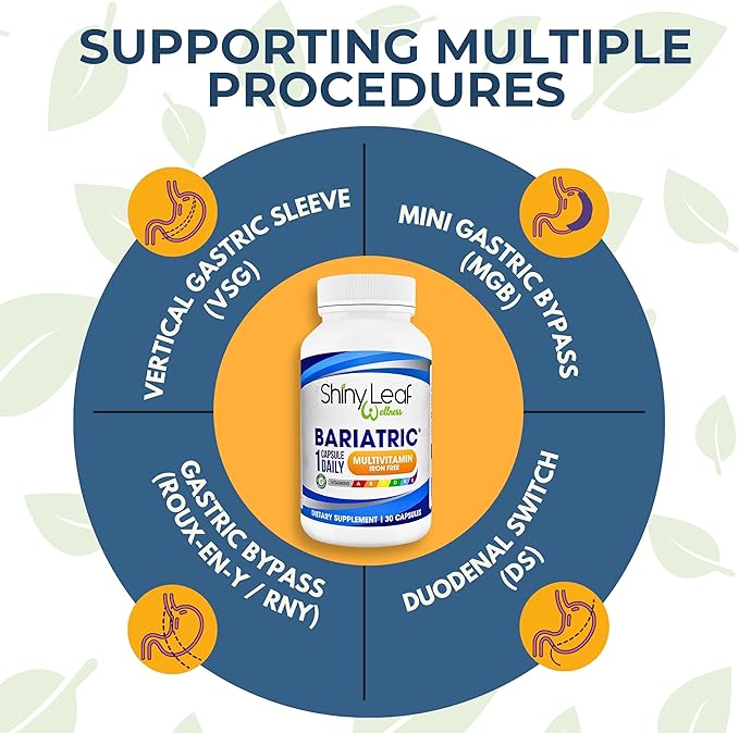 Shiny Leaf Bariatric Multivitamin Without Iron - Vitamins for Gastric Bypass & Sleeve, 1 Daily Capsule W Vitamin A, C, D, Biotin, Zinc, B12, K, Vegetarian, Soy-Free, GMP Cert., Made in USA (30 Ct.)