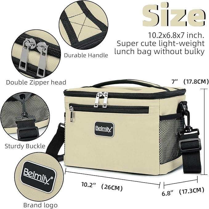 BEIMILY Lunch Box for Men/Women,Small Insulated Lunch Bag,Reusable LunchBox for work Picnic Beach,Leakproof Soft Cooler Tote Bag Organizer with Adjustable Shoulder Strap for Adults (Light Khaki)