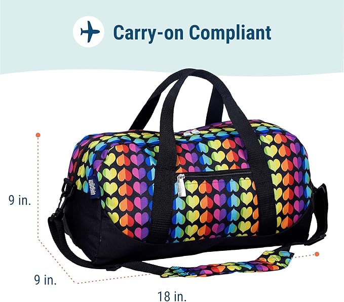 Wildkin Kids Overnighter Duffel Bag – Carry-On Size, Ideal for School & Sleepovers – Rainbow Hearts