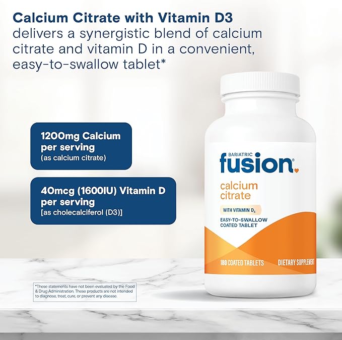 Bariatric Fusion Non Chewable Calcium Citrate with Vitamin D3 Tablet | Easy to Swallow Calcium Supplement with Vitamin D to Increase Absorption* | Bariatric Calcium Citrate 600mg | 180 Tablets