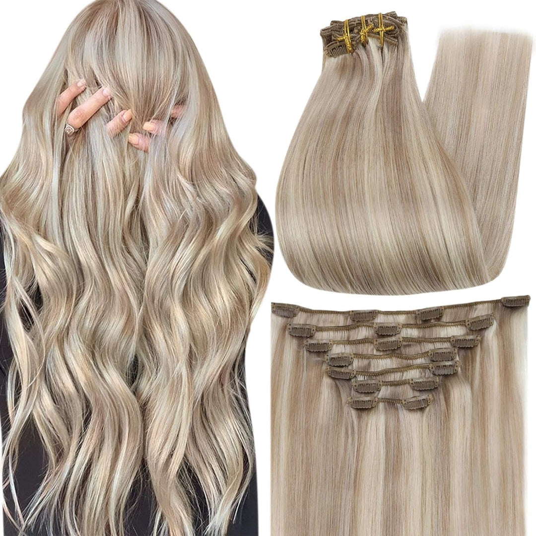 Full Shine Clip in Human Hair Extensions Highlights Blonde 18 Ash Blonde Mix 613 Clip in Extensions Natural Clip in Hair Extensions 7 Pieces Thick Ends Remy Straight Hair 12 Inch 95 G