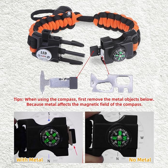 Adjustable Survival Paracord Bracelet, 2 Pack Emergency Fire Starter Kit with Loud Whistle Compass Light Flint Steel for Hiking Fishing Hunting, Tactical Gear Equipment Multitools