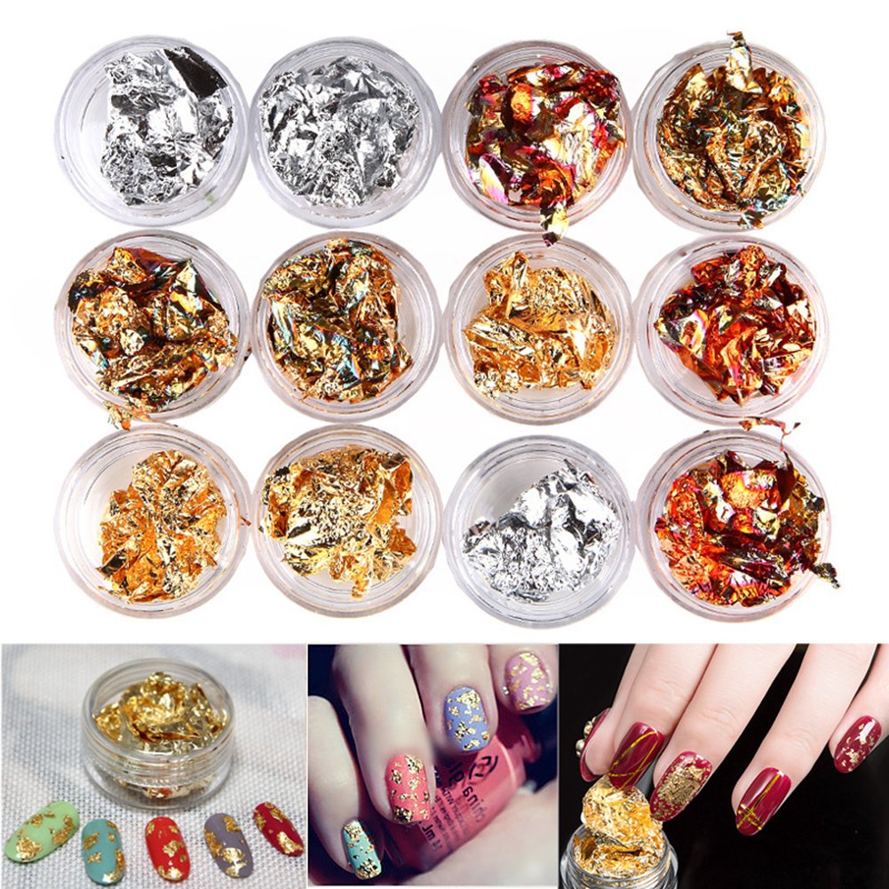 Minejin 12 Pot/Set Nail Art Gold Silver Paillette Flake Chip Foil Diy Glitter Decal Acrylic Uv Gel Decoration
