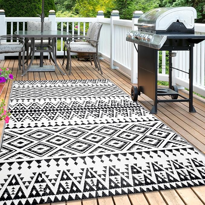 Waterproof Outdoor Rug 5x8ft, Bohemia Reversible Plastic Straw Mat for Patio RV Deck Porch Backyard Balcony Camping Picnic Beach Indoor Outdoor Carpet, Black&White
