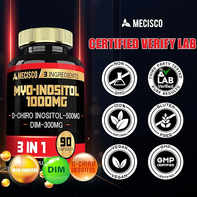 3in1 Myo-Inositol & D-Chiro Inositol Supplement with DIM - Women's Wellness, Cycle Regularity, Cellular Health - 90 Capsules Supply 30 Days