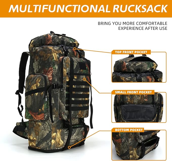 70L/100L Hiking Camping Backpack MOLLE Rucksack Waterproof Traveling Daypack Durable High-Performance Backpack for Backpacking (Leaf camo, 70L/100L)