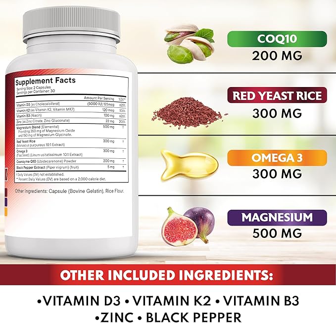 NEW AGE COQ10 200mg Red Yeast Rice 3000mg Omega 3-6-9 3000mg Magnesium Complex 500mg Zinc Vitamin K2 D3 - Vitamins for Women and Men with Vitamin B3, Coenzyme Q10-120 Count