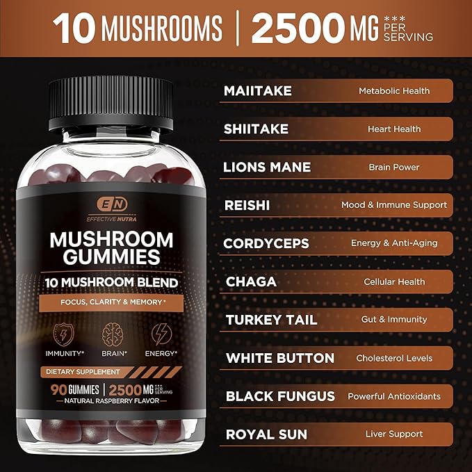 Mushroom Gummies 2500mg | 10 Blend w/Lions Mane, Reishi, Chaga, Cordyceps & More | Focus, Memory, Immunity, Energy | Natural Berry Flavor Supplement | Vegan, Made in USA (2-Pack)