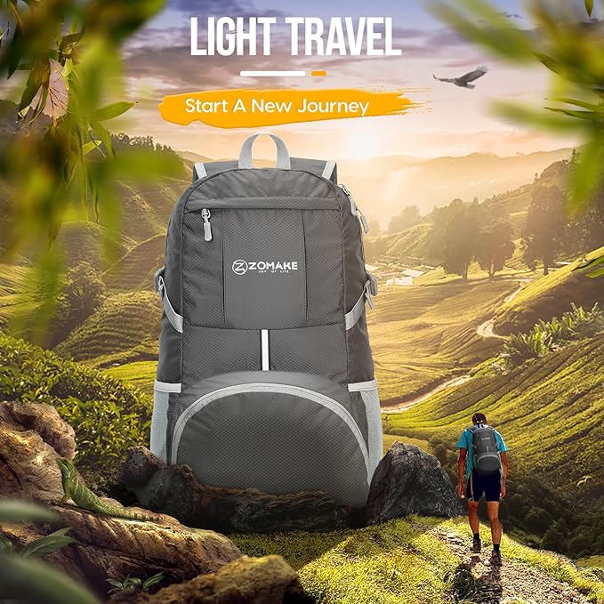 ZOMAKE Lightweight Packable Backpack 35L, Light Foldable Backpacks Water Resistant Collapsible Hiking Bag, Compact Folding Day Pack for Travel Camping(Dimgray)