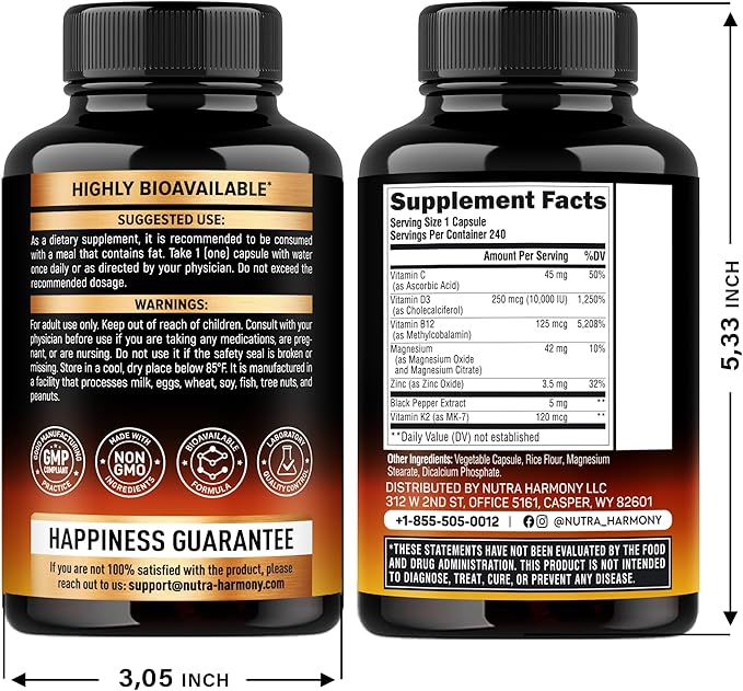Vitamin D3 K2 - Vitamin D3 10000 iu & K2 as MK-7 120 mcg - Immune & Mood Support, for Bone & Teeth Health - with Magnesium, Zinc & Vitamin C & B12 - Highly Bioavailable - Made in USA, 240 Capsules