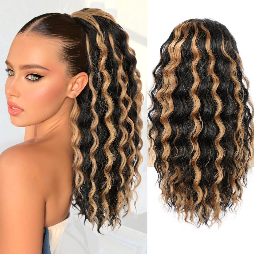 SHNMIN Ponytail Extension, Curly Drawstring Ponytail Extension for Women 18 Inch Curly Wavy Ponytail Yaki Textured Natural Fluffy Synthetic Hairpiece for Daily Use