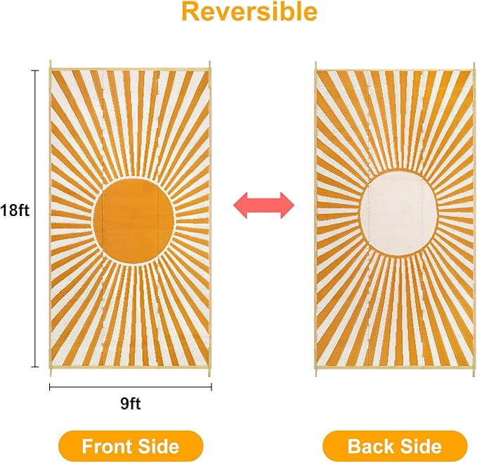 Anidaroel 9x18ft Reversible RV Outdoor Rugs for Camping, Waterproof Patio Rugs Outdoor Clearance, Outdoor Plastic Straw Outside Area Rugs Camping, Pool Deck, Backyard, Picnic(Orange,9‘x18')