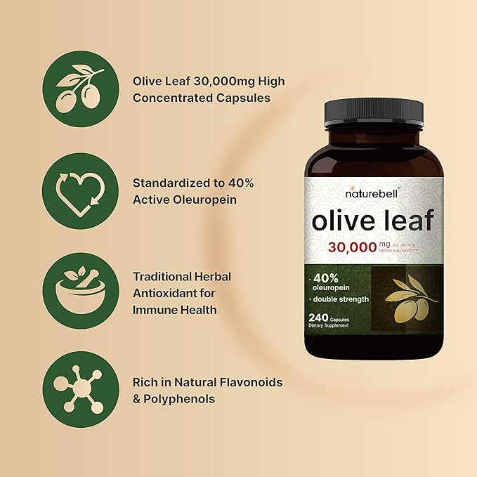 Olive Leaf Extract 30000mg, 240 Capsules | 40% Active Oleuropein, 50:1 Herbal Equivalent – Rich in Polyphenol & Flavonoid Antioxidants for Immune & Heart Health – Non-GMO