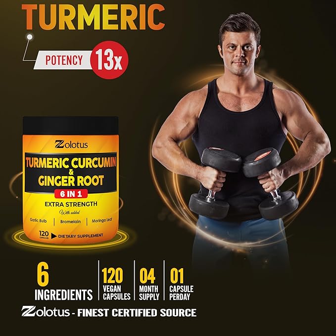 6 in 1 Turmeric Curcumin + Ginger Capsules, 95% Curcuminoids with Ginger, Garlic Bulb, Bromelain, Moringa, Black Pepper - 120 Capsules