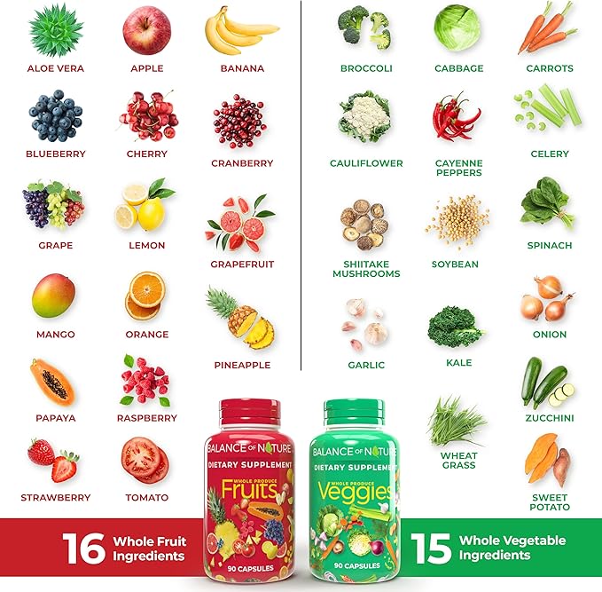 Balance of Nature Fruits & Veggies Supplements - Whole Fruit and Vegetable Ingredients for Women, Men, and Kids - 90 Fruit Capsules, 90 Veggie Capsules - 2 Sets