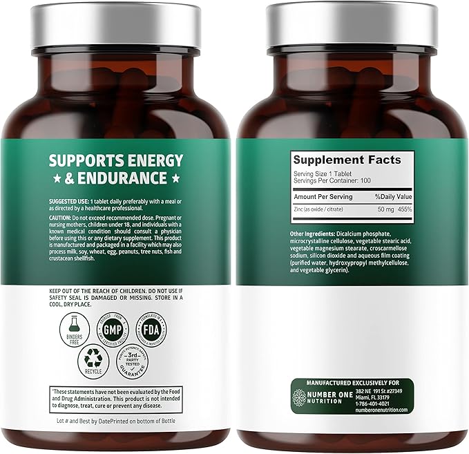 N1N Premium Zinc 50mg [3X Absorption, Vegan] All Natural Zinc Oxide and Citrate Supplement for Immune Support, Skin Health and Better Digestion, 100 Tablets