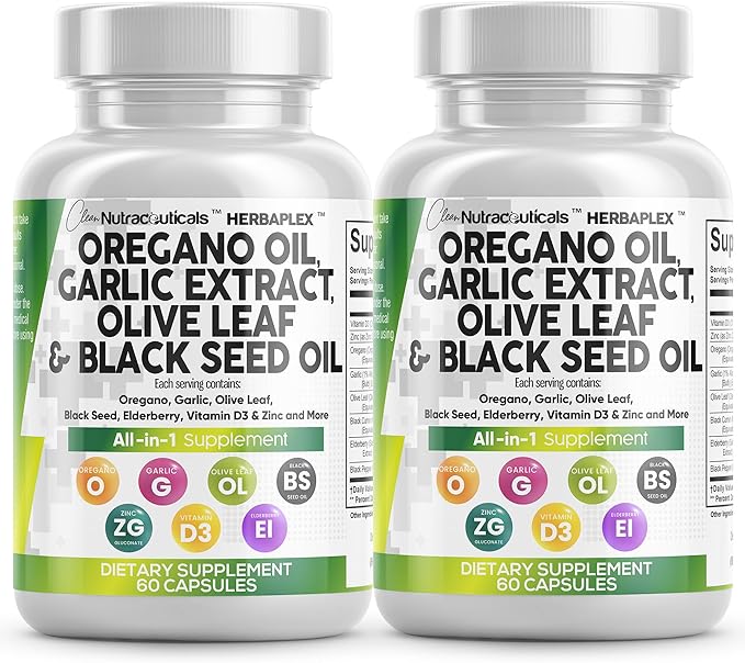 Clean Nutraceuticals Oregano Oil Garlic Extract Olive Leaf Black Seed Oil - Immune Support & Digestive Health Supplement for Women and Men with Vitamin D3 & Zinc - 2Pack