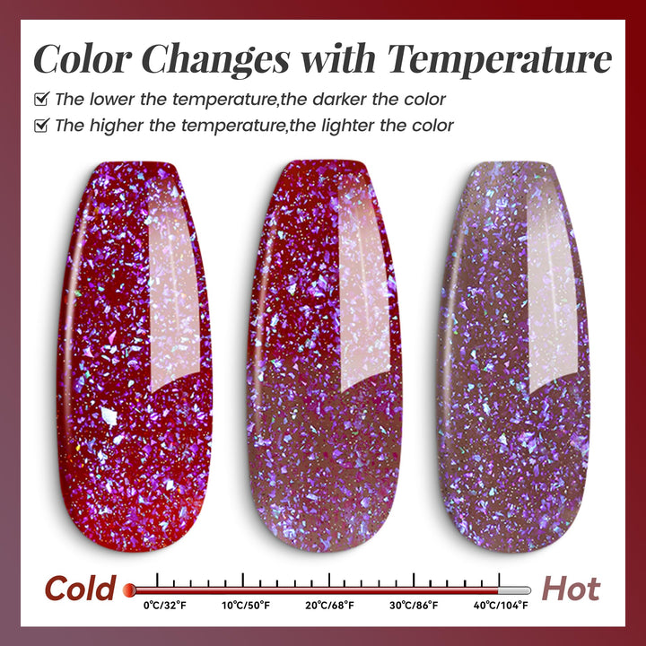YTD Likomey Brocade Glitter Color Changing Gel Nail Polish,15ml Light Purple To Jujube Red Shimmer Mood Temperature Change Colors Iridescent Flakes,Spring Summer Thermal UV Nail Gel,WB340