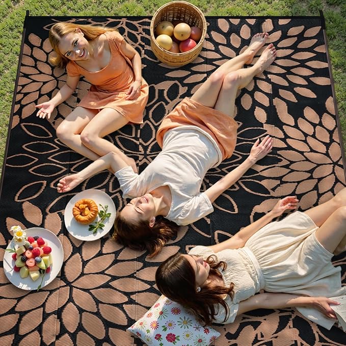 Anidaroel Outdoor Rugs 6x9ft for Patios Clearance Waterproof, Reversible Tropical Plastic Straw Camping Mat Outside Rug, Large Outdoor Area Rug for RV,Deck, Balcony, Picnic(Black/Brown,6'x9')