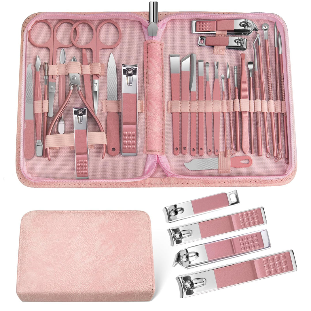 Women Manicure Set Professional Set Nail Clippers Pedicure Kit-30 Pieces Stainless Steel Manicure Kit, Grooming Nail Care kit With Luxurious Travel Case Pink