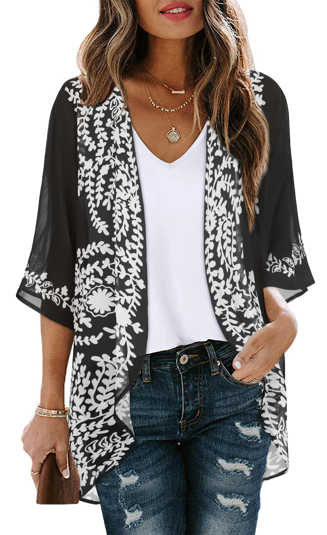 Womens Floral Kimono Cardigans Beach Cover Tops Loose Puff Sleeve Casual Blouse (C Black Flower, S)