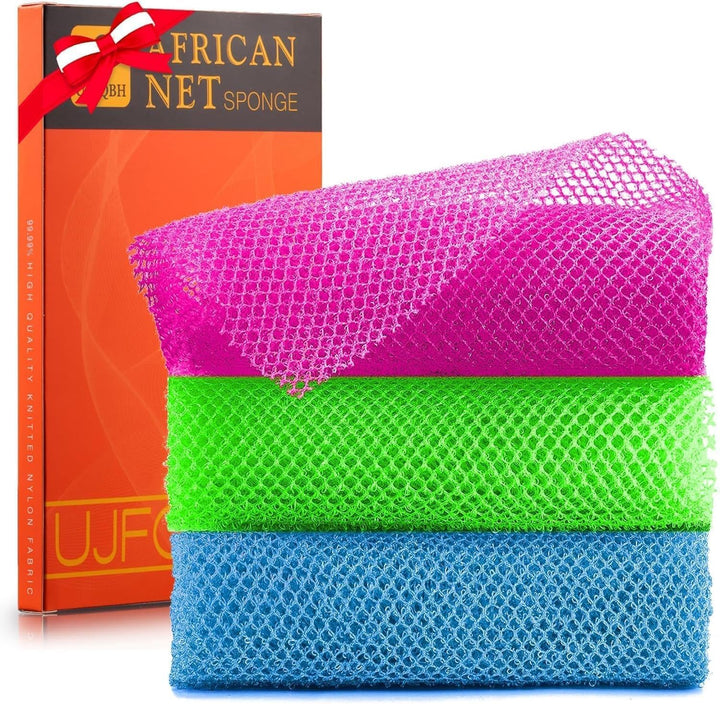 3-Piece African Net Bath Sponge Set | Exfoliating Body Scrubber | Blue
