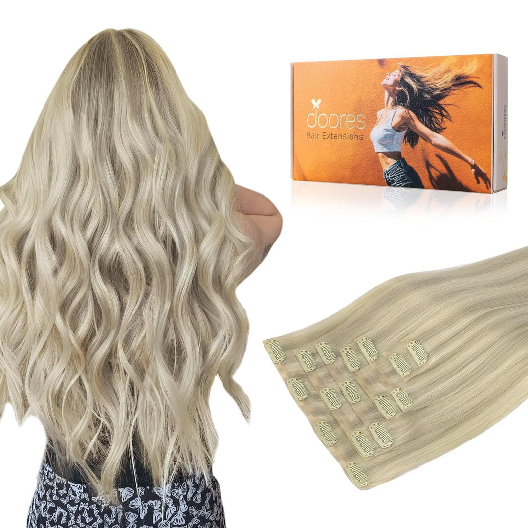 Doores Clip In Hair Extensions Real Human Hair, Ash Blonde Highlighted Platinum Blonde 130G 7Pcs 16 Inch Clip In Virgin Hair Ext