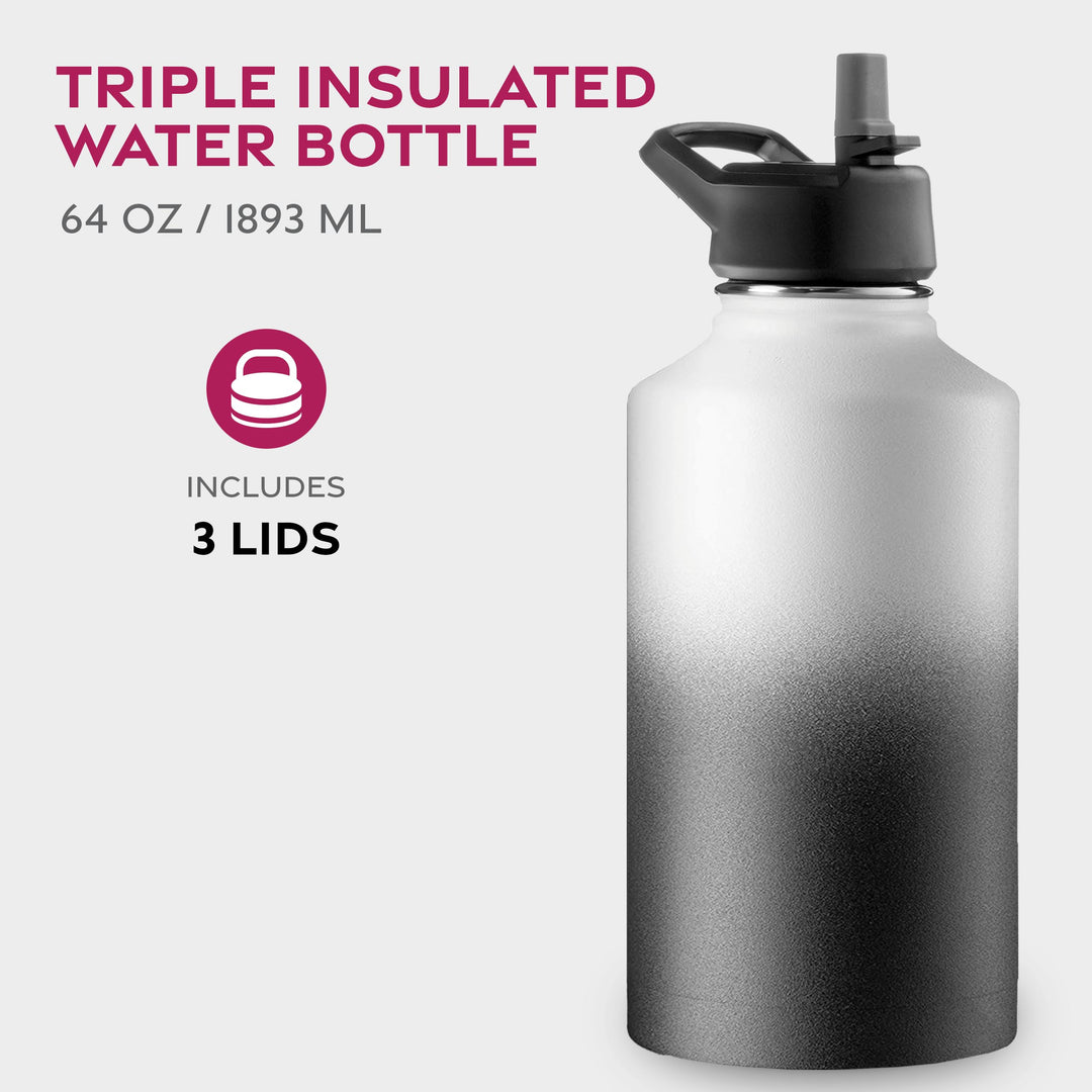 FineDine Triple Walled, Insulated Water Bottles with Straw - 64 Oz Stainless Steel Metal Bottle W/ 3 Leak Proof Lids - For Travel, School, Sports, Gym / Men, Women & Kids - Dreamy Black-White