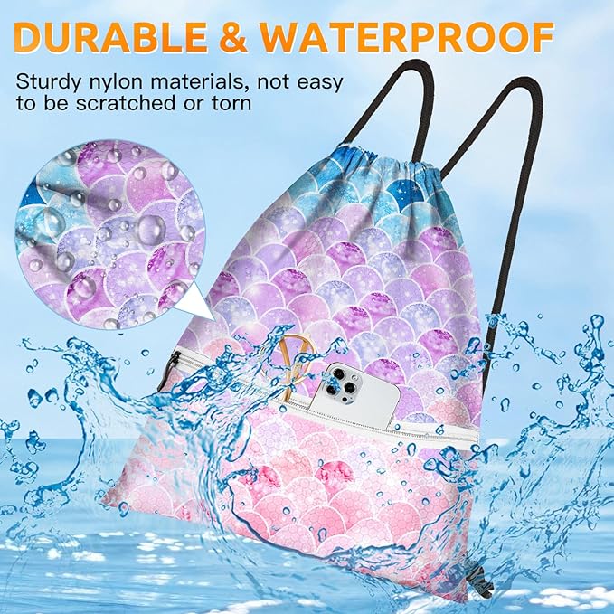 Slohif Drawstring Backpack Beach Swim Bag for Kids Draw String Dance Travel Cinch Ballet Gym Bags for Girls Boys Mermaids Waterproof Backpack for Swimming Summer Camp Pool Sports Nylon Large