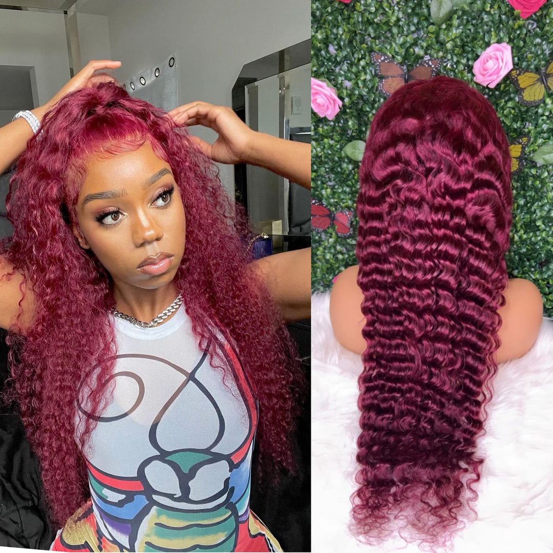 Beautygrace Red Deep Wave Lace Front Wigs Human Hair 180% Density 13X4 99J Burgundy Human Hair Lace Front Wigs For Fashion Black