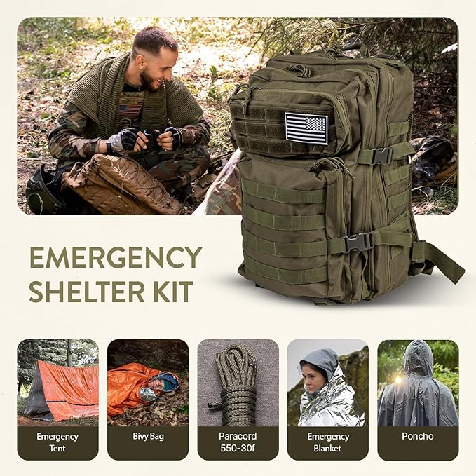 72-Hour Survival Kit | 45L Bug Out Bag | Survival Gear with First Aid, Water Filter, Food, Tools | Camping, Hiking, Outdoor Preparedness Equipment