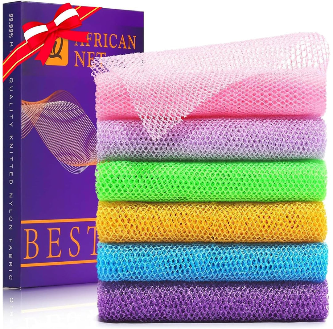 UJFQBH 6 Pieces African Bath Sponge African Net Long Net Bath Sponge Exfoliating Shower Body Scrubber Back Scrubber Skin Smoother,Great for Daily Use (Purple, Purple, Pink, Orange, Blue, Green)