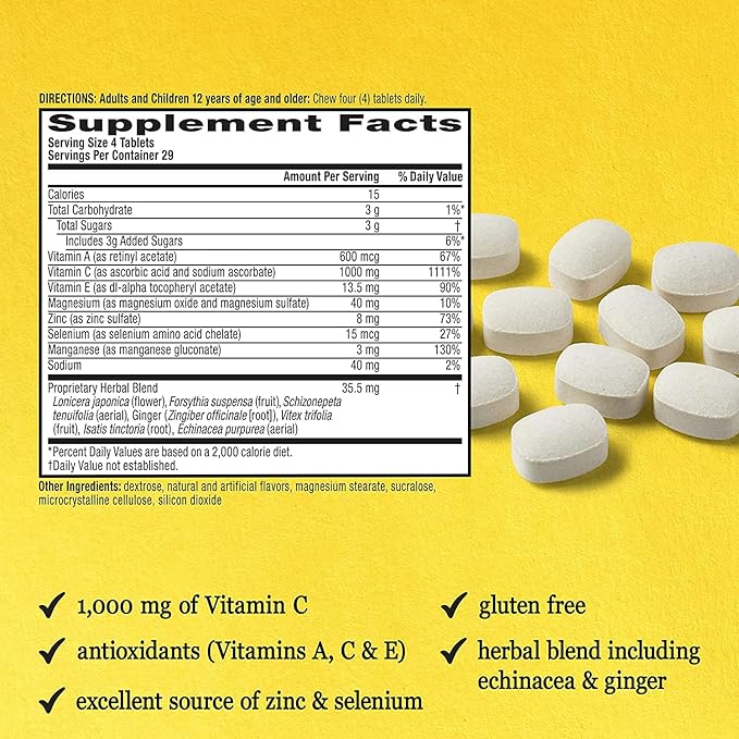 Airborne 1000mg Vitamin C + Zinc Immune Support Supplement Chewable Tablets, Very Berry & Citrus Flavor with Powerful Antioxidants Vitamins A C & E, 116 Chewable Tablets