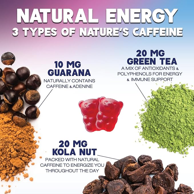 Energy Gummies Vitamin B12 1000 mcg, Green Tea Natural Caffeine Support, Extra Strength Daily Energy Vitamins, Delicious Berry Flavor Gluten Free Chewable Supplement for Cycling & Running - 60 Chews