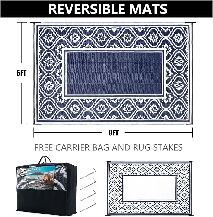 Plastic Outdoor Rug 6'x9' Waterproof Camping Carpet Outside Reversible Area Rug Blue Rugs for RV Deck Entryance Porch Picnic Balcony Beach