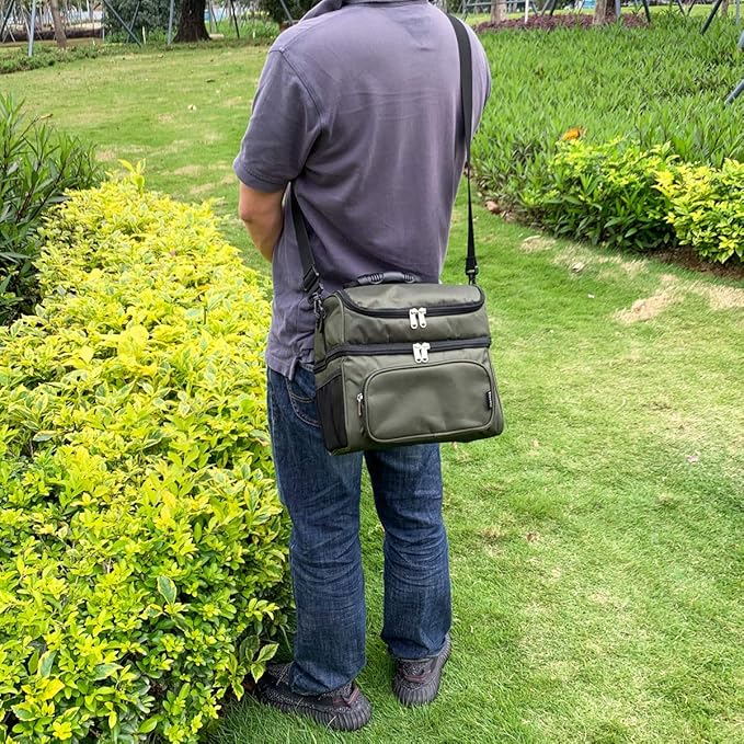 FlowFly Double Layer Cooler Insulated Lunch Bag Adult Lunch Box Large Tote Bag for Men, Women, With Adjustable Strap,Front Pocket and Dual Large Mesh Side Pockets
