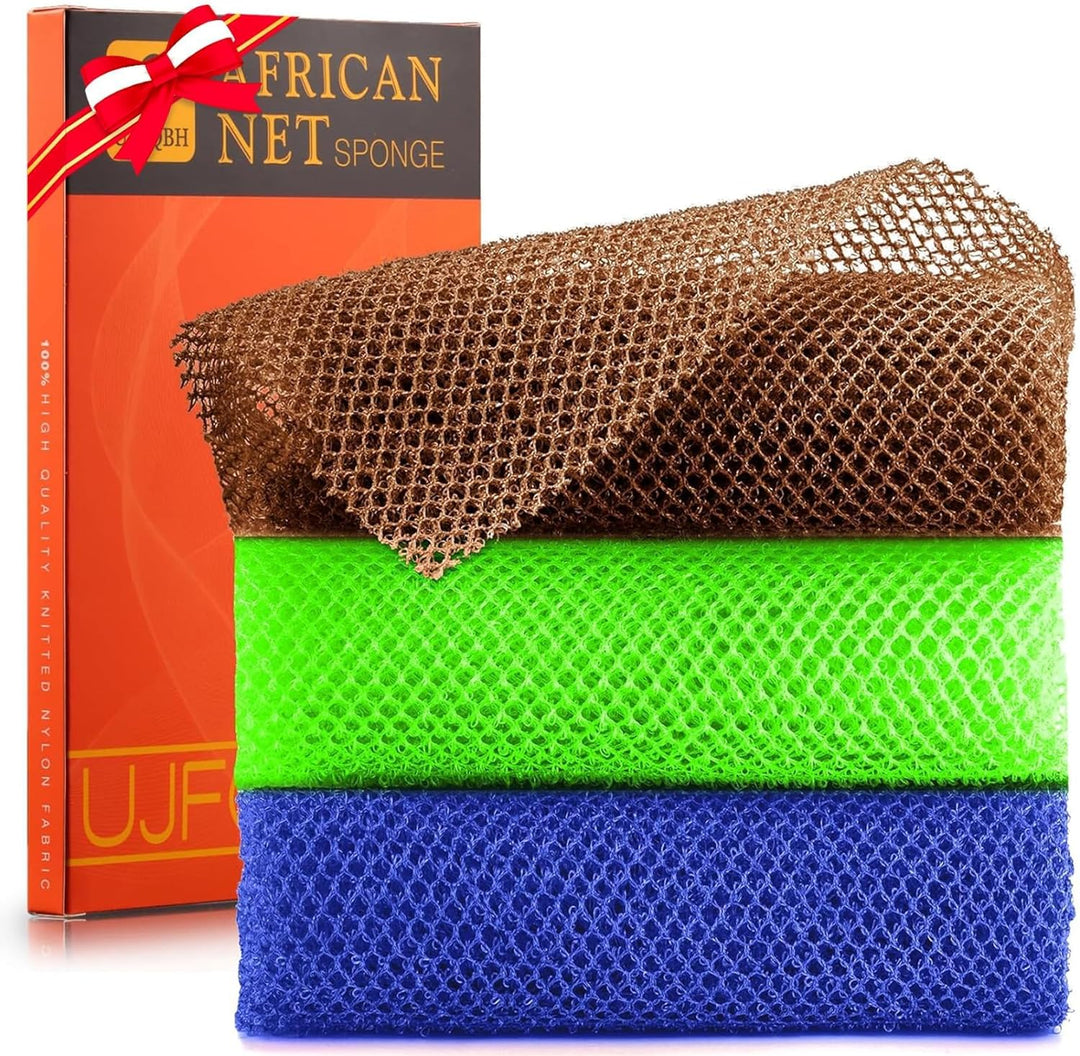3-Piece African Net Bath Sponge Set | Exfoliating Body Scrubber | Black, Blue, Brown