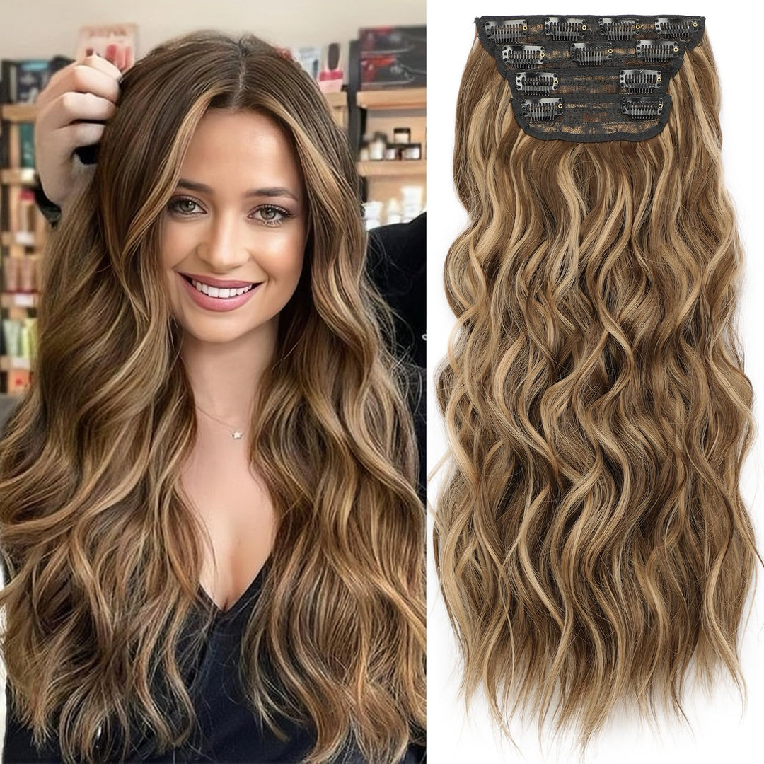 Kookastyle Hair Extensions Medium Brown Mix Caramel Blonde Clip In Synthetic Highlight Hair Extensions Long Wavy 4Pcs Thick Hair