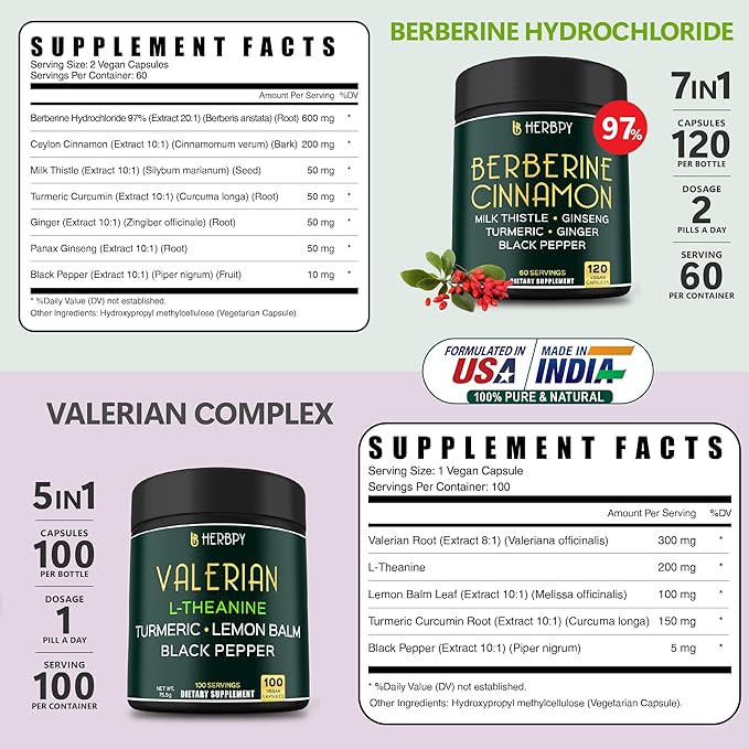 Bundle 7in1 Berberine HCl & 5in1 Valerian Root Supplement - Support Heart Health, Immune, Digestion and Relaxation