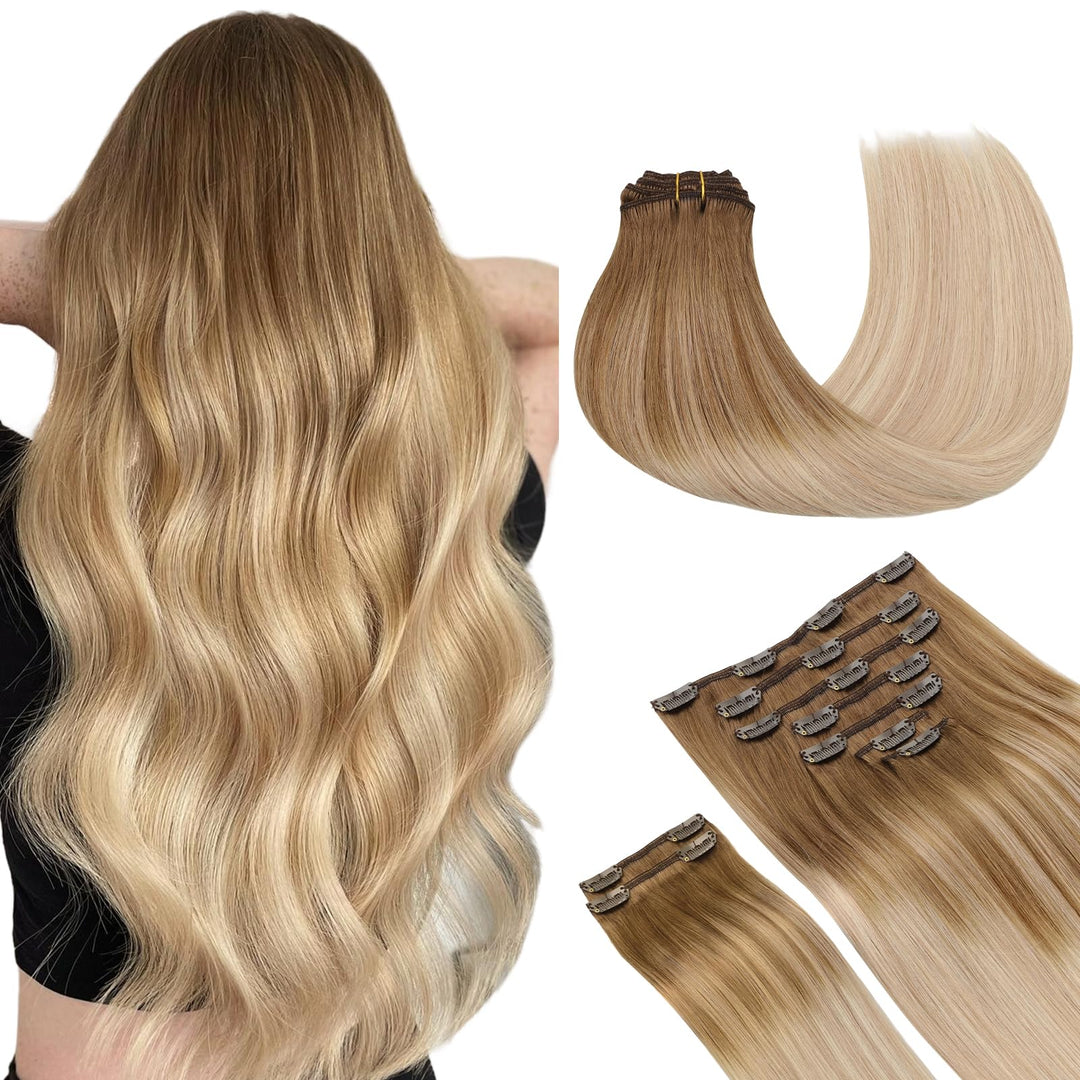 Maxita Human Hair Extensions Clip In,150G 9Pcs Ash Bronde Highlight 16 Inch,Hair Extensions Clip In Real Human Hair Remy Hair Ex