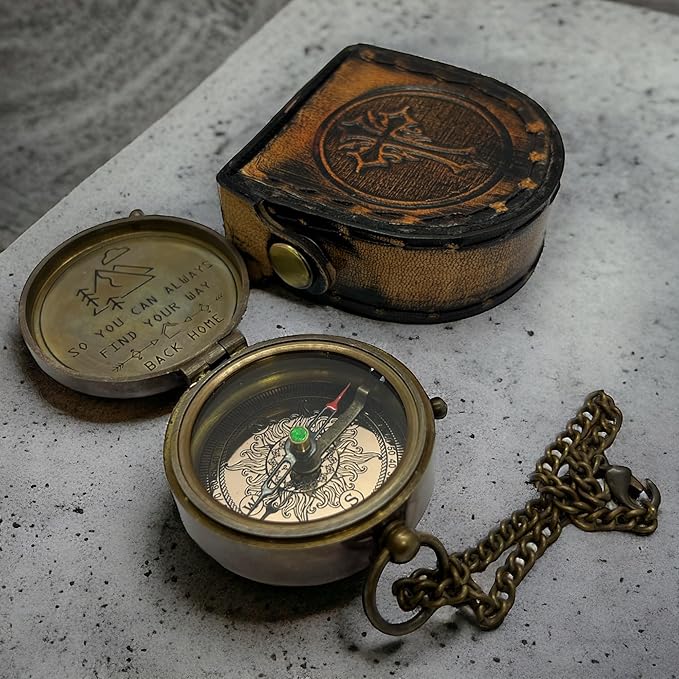 Antique Brass Compass with Detachable Chain & Carrying Case – Vintage Nautical Navigation Tool for Outdoor Hiking, Survival, and Travel – Gift for Collectors and Adventurers