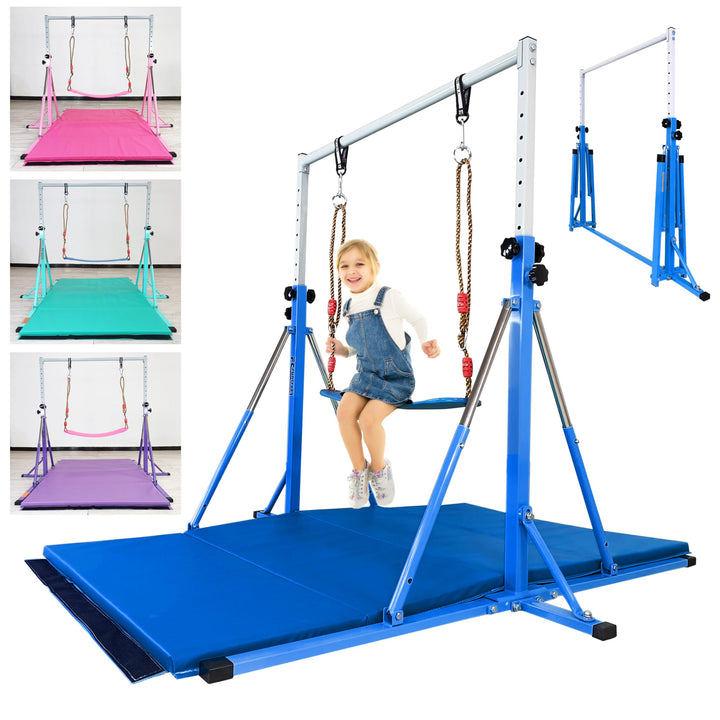 FC FUNCHEER Foldable Gymnastics kip Bar Ages 3-12,Adjustable from 3' to 5', Kids Training bar,Rings-Swing-Mat,Stable Structure-Home Gym Equipment (Foldable with Swing and mat, Blue (Swing with Mat))